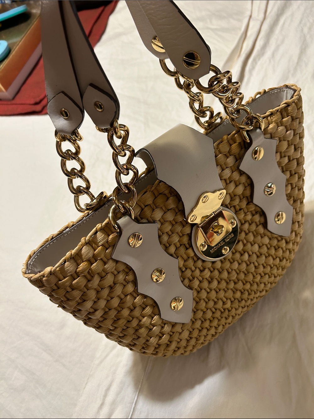 Michael Kors Tan Woven Straw Tote with Gold Hardware and Cream Trim